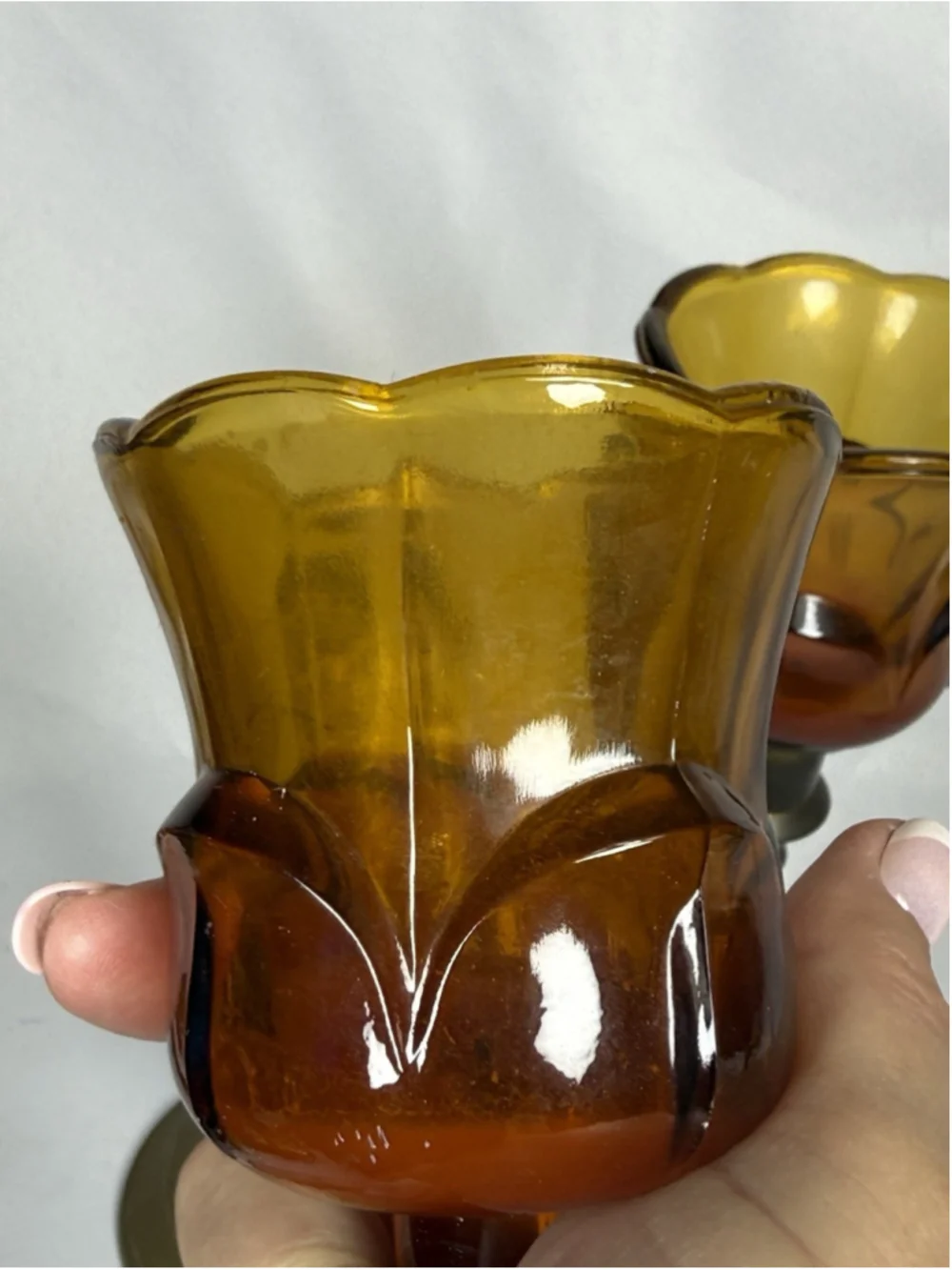 Pair Solid Brass Candlesticks Amber Glass Tulip Votive Holders Made In India
